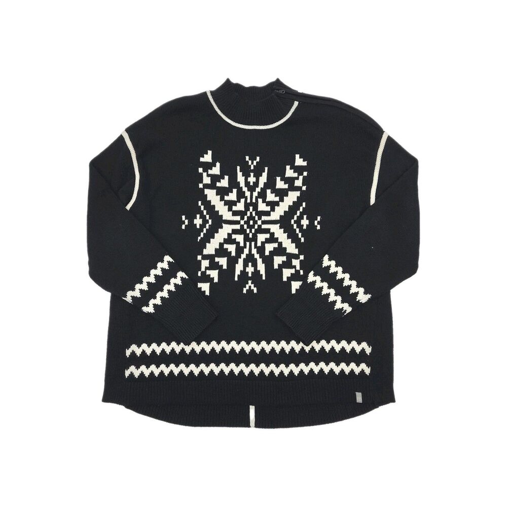 T by Talbots Ski Sweater Black White Women Sz XLP Petite Thumb Holes Zip Neck